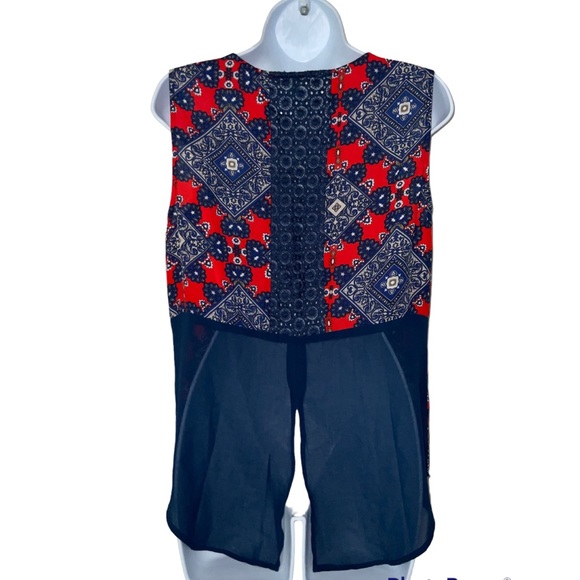 Daniel Rainn M Blouse Red Blue Geometric Lightweight Sleeveless V Neck Plunge - Picture 6 of 6